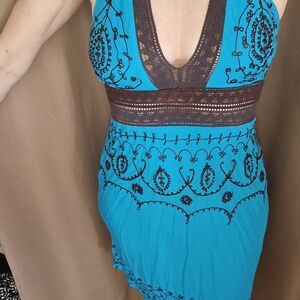 VENUS Embroidered Blue Dress with Brown Accents
